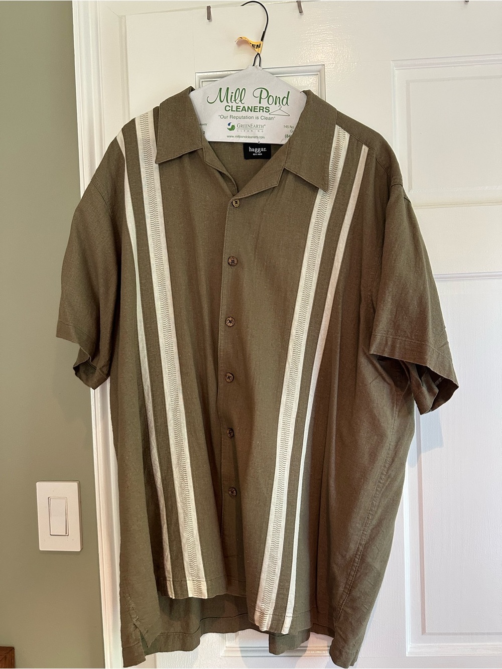 Haggar Olive Green Short Sleeve Button-Up with Cream Stripes